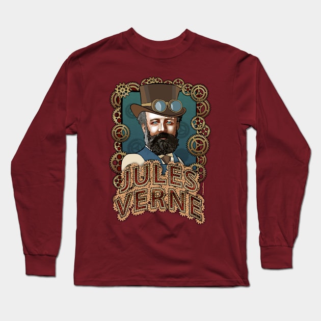 Portrait of Jules Verne Steampunk Long Sleeve T-Shirt by VioletAndOberon